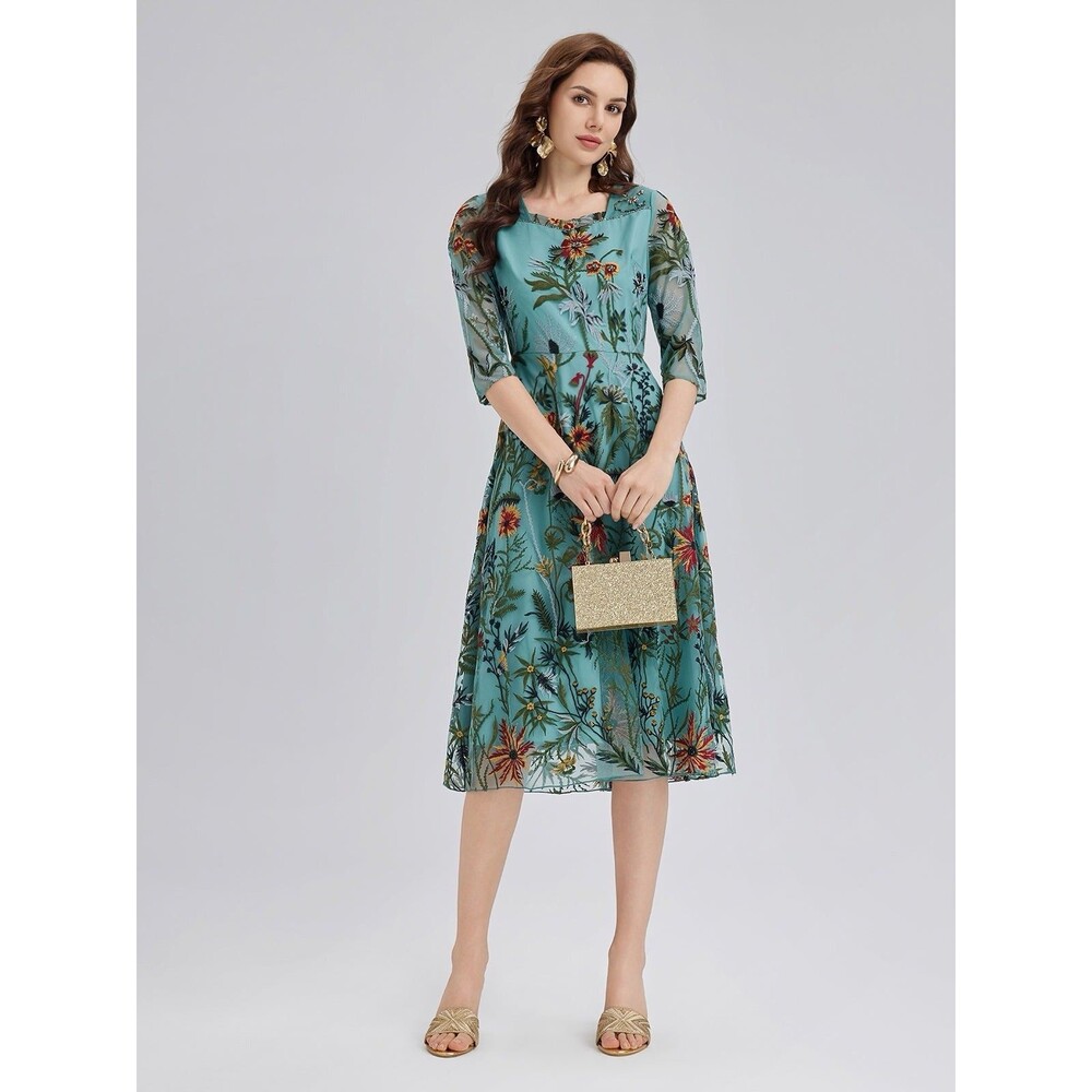 Rich Radi Qs Hand Beaded Floral Embroidered Dress Medium Green MSRP $339 EUC